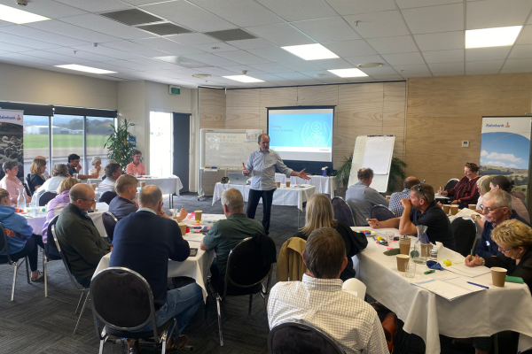 Course facilitator Lawrence Field (front) puts farmers through their paces at the pilot succession workshop in Feilding.