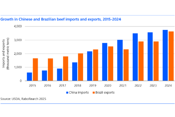 Growth in Chinese and Brazilian beef imports and exports, 2015-2024